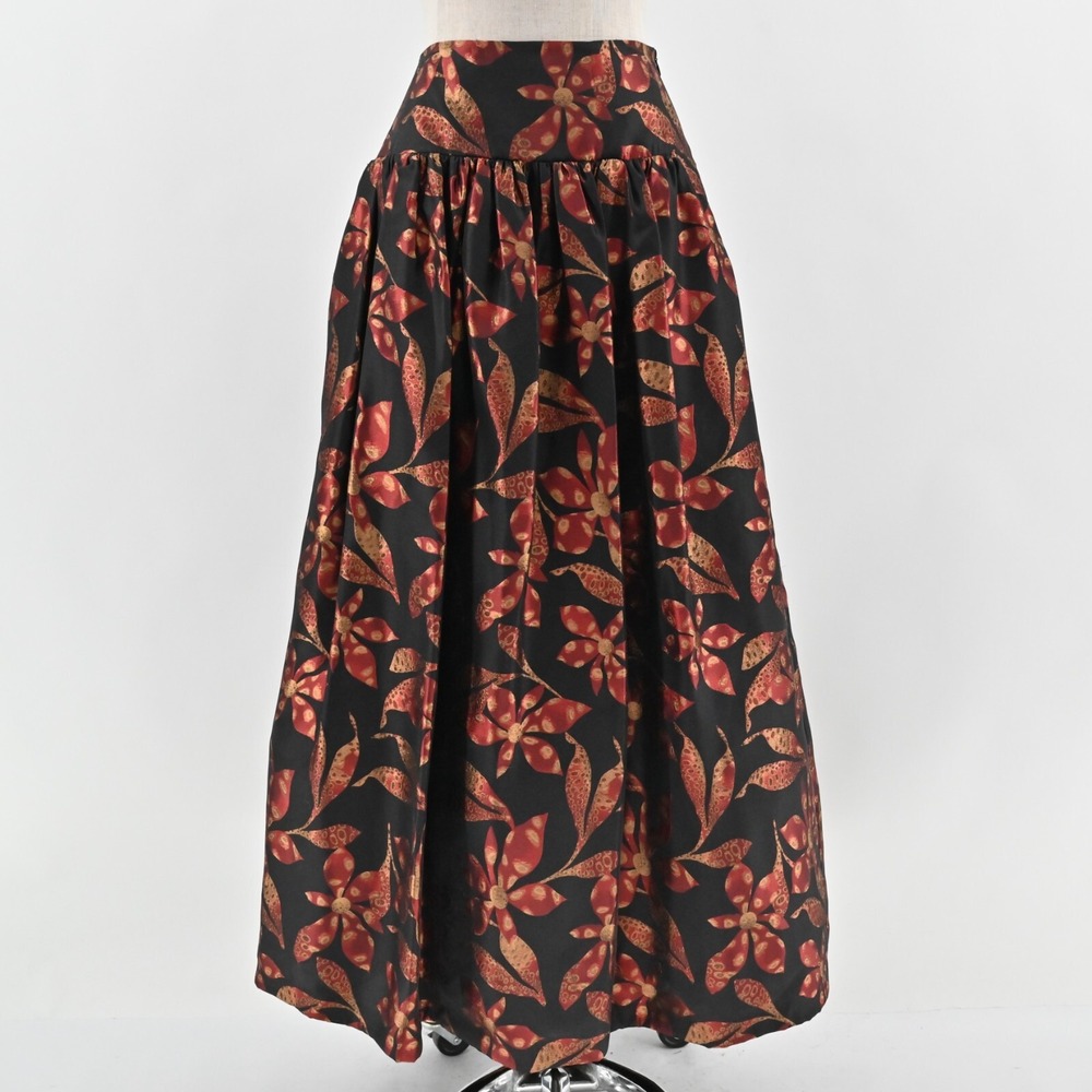 David Meister Maxi Skirt Size 2 Pleated Black Red Floral Formal Pleated Vtg Y2k